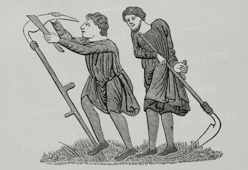 Settlers working the land, 12th century. Engraving after a miniature in a manuscript called ""de la Sainte-Chapelle"". ""Moeurs, usages et costumes au moyen-age et a l'epoque de la Renaissance"", by Paul Lacroix. Paris, 1878.