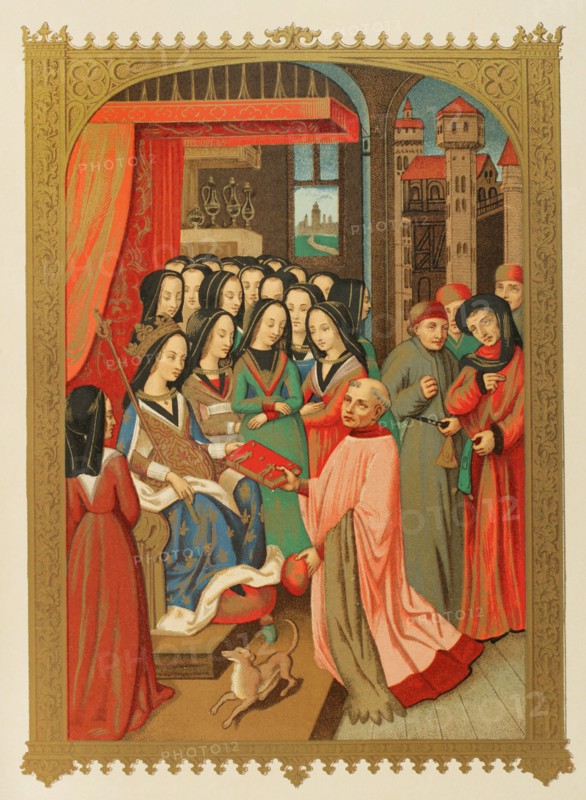 Marie of Anjou (1404-1463). Queen consort of France (1422-1461). The Court of Ladies of Marie of Anjou, wife of Charles VII. His chaplain, the scholar Robert Blondel, presents to her the allegorical treatise of the ""Twelve Perils of Hell"" which he composed for her, 1455. Chromolithography from a miniature of that book. ""Moeurs, usages et costumes au moyen-age et a l'epoque de la Renaissance"", by Paul Lacroix. Paris, 1878.