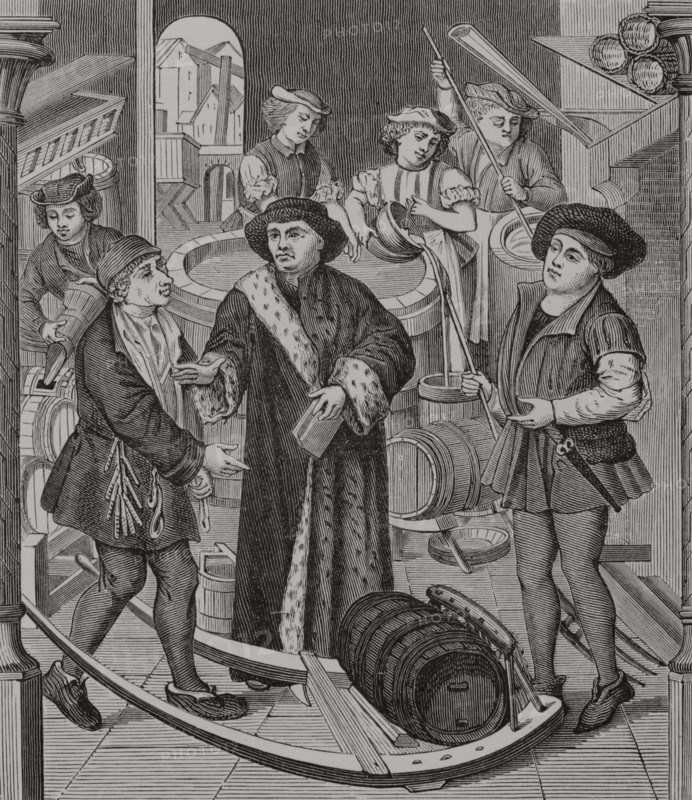 Right of the bishopric of Tournai on beer. Originally this tax was paid in kind. The Chapter collector went to the brewers' house to collect it. Later it was agreed that the brewers themselves would transport to the Chapter the amount due to be paid to them in kind. From 1286 onwards, brewers were allowed to keep all the benefits in exchange for the payment of an annual tax. The bishop of Tournai receiving the tithe of beer granted by King Chilperic. Engraving after a stained glass of the Cathedral Notre Dame of Tournai, 15th century. ""Moeurs, usages et costumes au moyen-age et a l'epoque de la Renaissance"", by Paul Lacroix. Paris, 1878.