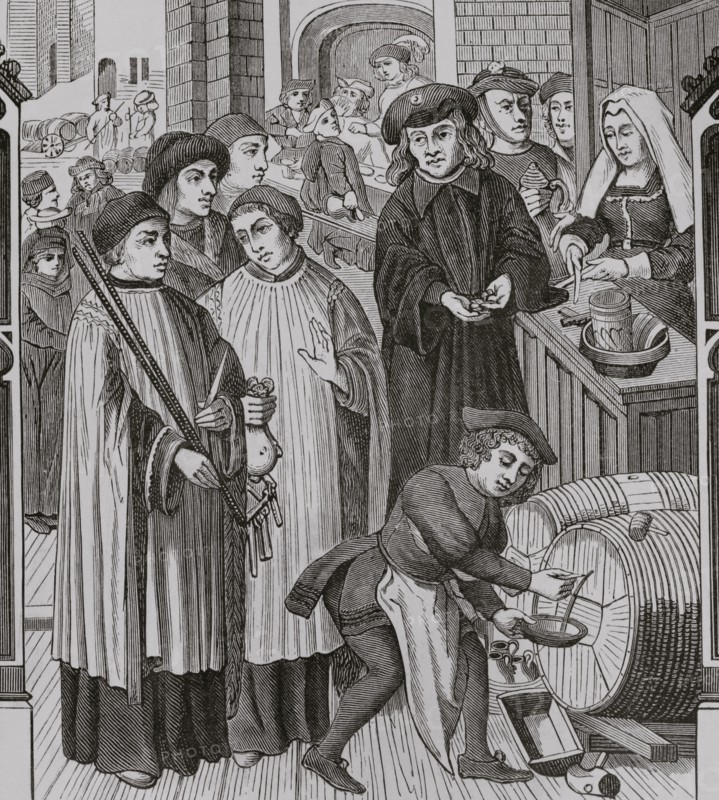 Dues on wines, privilege granted to the Chapter of Tournai by King Chilperic. Two clergymen, one carrying the measuring cups and the other a rod to measure the barrels. Engraving after a stained glass of the Cathedral Notre Dame of Tournai, 15th century. ""Moeurs, usages et costumes au moyen-age et a l'epoque de la Renaissance"", by Paul Lacroix. Paris, 1878.
