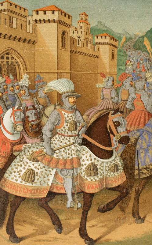Louis XII of France (1462-1515). Queen of France (1498-1515). Louis XII leaving Alexandria on 24th of April 1507, to chastise the city of Genoa. Chromolithography from a miniature in ""Le Voyage de Gv™nes"" by Jean Marot. ""Moeurs, usages et costumes au moyen-age et a l'epoque de la Renaissance"", by Paul Lacroix. Paris, 1878.