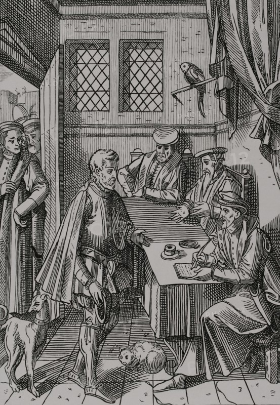 Tribunal of the King's Bailiff. Facsimile of a woodcut from ""Praxis Rerum Civilium"" by Josse Damhoudere. Antwerp, 1557. ""Moeurs, usages et costumes au moyen-age et a l'epoque de la Renaissance"", by Paul Lacroix. Paris, 1878.