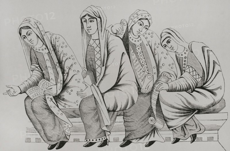 Dresses of noblewomen in the 11th century. Facsimile of an engraving based on a miniature from the ""Bible of Charles the Bald"", 9th century. ""Moeurs, usages et costumes au moyen-age et a l'epoque de la Renaissance"", by Paul Lacroix. Paris, 1878.