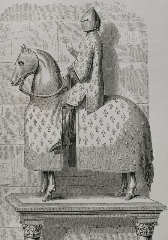 Philip IV (1268-1314). King of France (1285-1314), called Philip the Fair. King Philip IV in battledress on his entry into Paris in 1304 after having defeated the Communes of Flanders. Equestrian statue located in the choir of Notre-Dame of Paris, destroyed in 1772. Engraving. Facsimile from a woodcut in ""Cosmographie universelle"" by Andre Thevet, 1575. ""Moeurs, usages et costumes au moyen-age et a l'epoque de la Renaissance"", by Paul Lacroix. Paris, 1878.