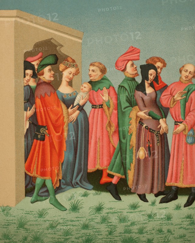 A young mother's retinue, depicting the Parisian costumes at the end of the 14th century. Chromolithography after a miniature of Terence de Duc's manuscript that belonged to King Charles VI, 15th century. ""Moeurs, usages et costumes au moyen-age et a l'epoque de la Renaissance"", by Paul Lacroix. Paris, 1878.