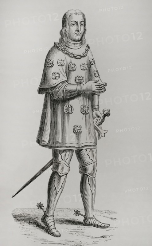 Louis de Mallet (Louis Malet de Graville) (1438-1516). Lord of Graville and Admiral of France. Portrait in costume of war and tournament. Facsimile from a 16th-century engraving. ""Moeurs, usages et costumes au moyen-age et a l'epoque de la Renaissance"", by Paul Lacroix. Paris, 1878.