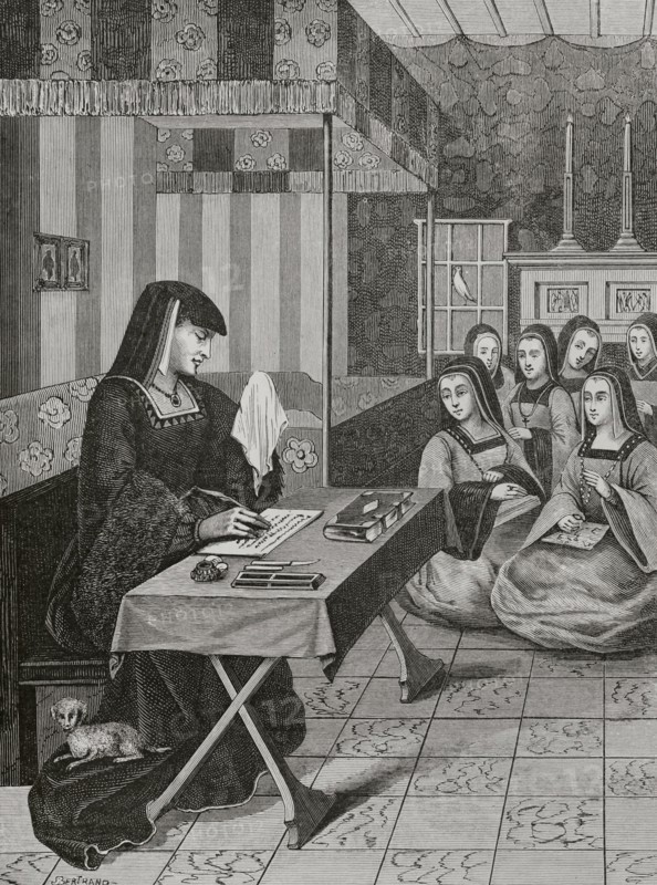 Anne of Brittany (1477-1514). Duchess of Brittany (1488-1514) and twice Queen consort of France (1491-1498, 1499-1514). Court of the Ladies of Queen Anne of Brittany. The queen is depicted crying for her husband's absence during the Italian wars. Engraving by Bertrand from a miniature of ""Epistres Envoyees au Roi"", 16th century. ""Moeurs, usages et costumes au moyen-age et a l'epoque de la Renaissance"", by Paul Lacroix. Paris, 1878.
