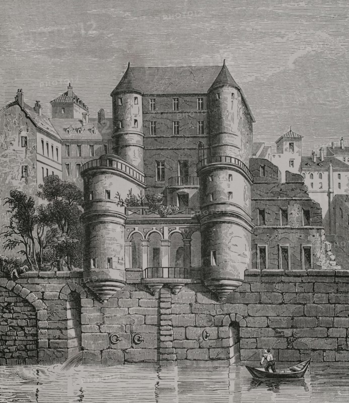 Paris, France. Hotel des Ursins. Built in the 14th century. It was restored in the 16th century. View of the north facade in the late 18th century. Engraving. ""Moeurs, usages et costumes au moyen-age et a l'epoque de la Renaissance"", by Paul Lacroix. Paris, 1878.