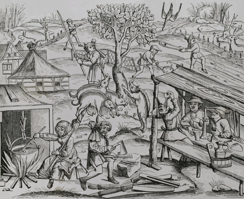 Life in the countryside. A woman with a distaff stirring food in a pot. 19th century facsimile after a woodcut from an edition of Virgil's works published in Lyon in 1517. ""Moeurs, usages et costumes au moyen-age et a l'epoque de la Renaissance"", by Paul Lacroix. Paris, 1878.