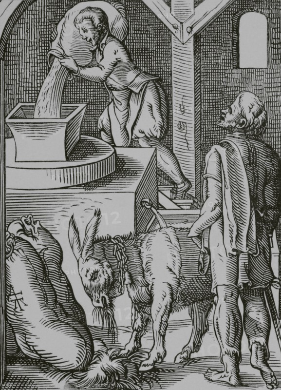 The miller. Facsimile after a drawing and engraving by Jost Amman in the 16th century. ""Moeurs, usages et costumes au moyen-age et a l'epoque de la Renaissance"", by Paul Lacroix. Paris, 1878.