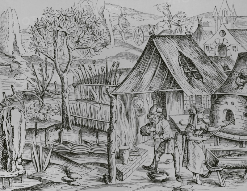 Cultivation of grain for use of the peasants, and making barley and oat bread. 19th century facsimile after a woodcut from an edition of Virgil's works published in Lyon in 1517. ""Moeurs, usages et costumes au moyen-age et a l'epoque de la Renaissance"", by Paul Lacroix. Paris, 1878.