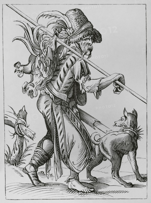 Poultry supplier. Facsimile after a drawing and engraving by Jost Amman in the 16th century. ""Moeurs, usages et costumes au moyen-age et a l'epoque de la Renaissance"", by Paul Lacroix. Paris, 1878.