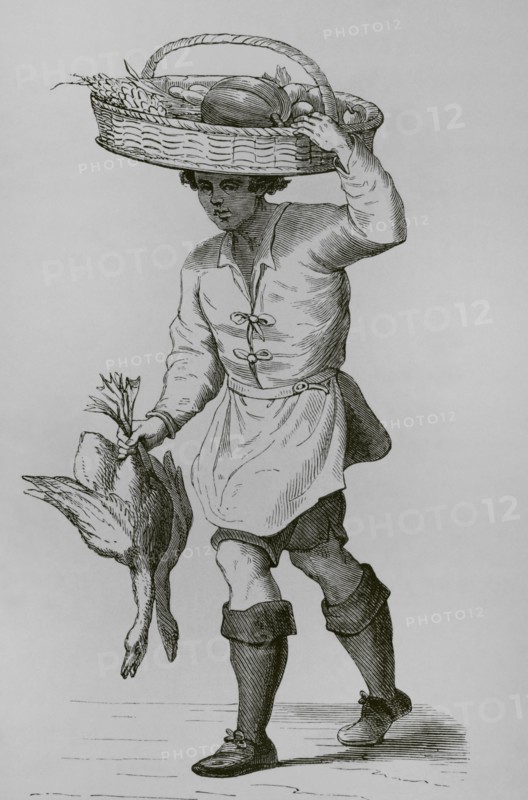 Poultry dealer. Facsimile from a woodcut by Cesare Vecellio (ca. 1521-ca. 1601). ""Moeurs, usages et costumes au moyen-age et a l'epoque de la Renaissance"", by Paul Lacroix. Paris, 1878.