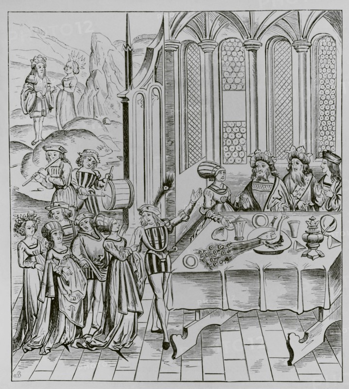 State banquet. Serving the peacok. 19th century facsimile after a woodcut from an edition of Virgil's works published in Lyon in 1517. ""Moeurs, usages et costumes au moyen-age et a l'epoque de la Renaissance"", by Paul Lacroix. Paris, 1878.