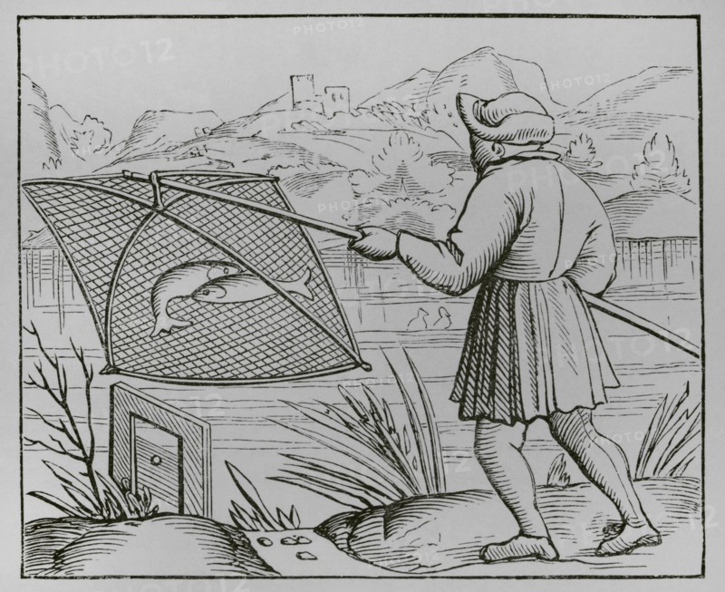 The pond fisherman. Engraving after a woodcut in Sebastian Monster's ""Cosmographia universalis"", published in Basel in 1552. ""Moeurs, usages et costumes au moyen-age et a l'epoque de la Renaissance"", by Paul Lacroix. Paris, 1878.