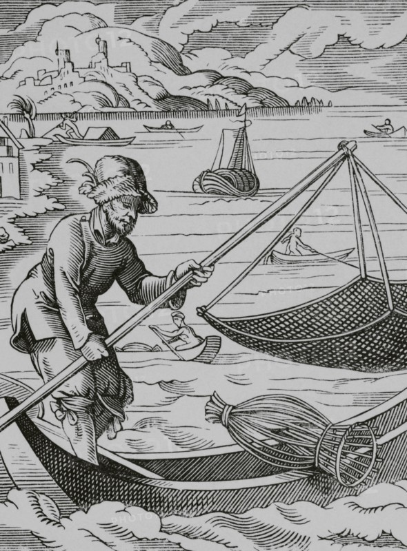 The fisherman. Facsimile after a drawing and engraving by Jost Amman in the 16th century. ""Moeurs, usages et costumes au moyen-age et a l'epoque de la Renaissance"", by Paul Lacroix. Paris, 1878.