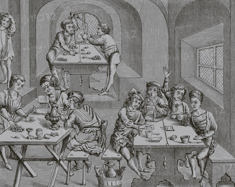 Interior of an hostelry. 19th century facsimile after a woodcut from an edition of Virgil's works published in Lyon in 1517. ""Moeurs, usages et costumes au moyen-age et a l'epoque de la Renaissance"", by Paul Lacroix. Paris, 1878.