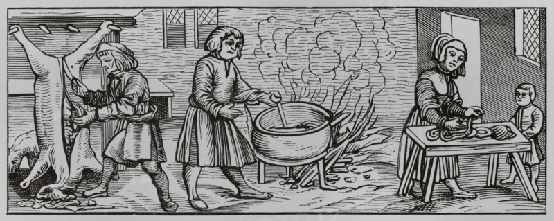 Interior of a kitchen. Butcher eviscerating a pig and people preparing the meat. Facsimile from an engraving in ""Calendarium Romanum"", by Jean Staeffler, published in Tobingen, Germany, 1518. ""Moeurs, usages et costumes au moyen-age et a l'epoque de la Renaissance"", by Paul Lacroix. Paris, 1878.
