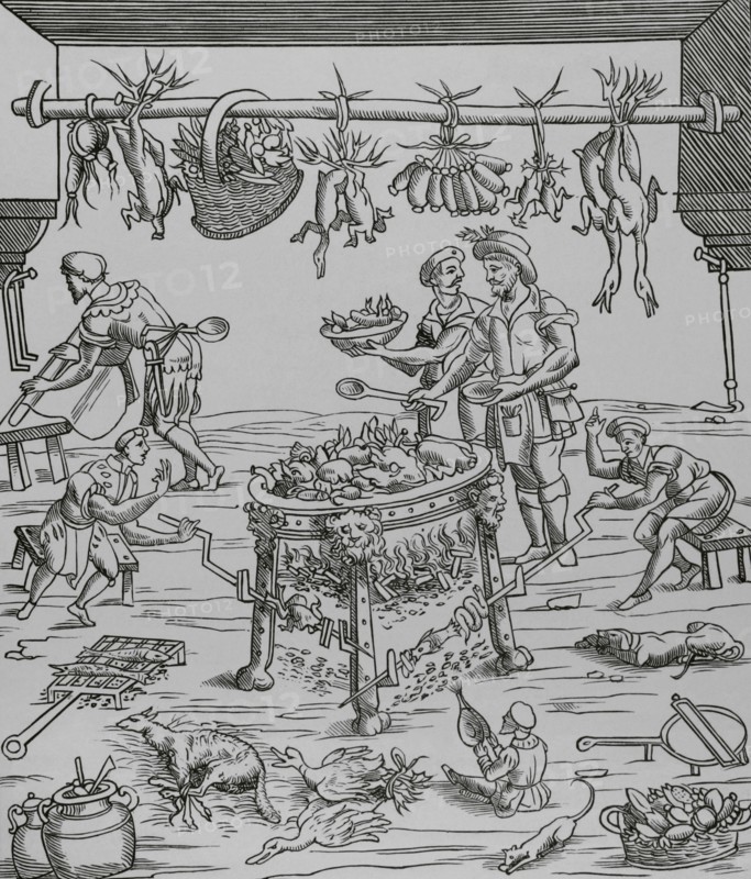 Interior of Italian Kitchen. Cooks preparing a feast. Facsimile of a woodcut from the cookbook of Cristoforo di Messisbugo, ""Banchetti compositioni di Vivende,"" published in Ferrara, 1549. ""Moeurs, usages et costumes au moyen-age et a l'epoque de la Renaissance"", by Paul Lacroix. Paris, 1878.