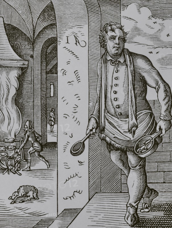 The cook. Facsimile after a drawing and engraving by Jost Amman in the 16th century. ""Moeurs, usages et costumes au moyen-age et a l'epoque de la Renaissance"", by Paul Lacroix. Paris, 1878.