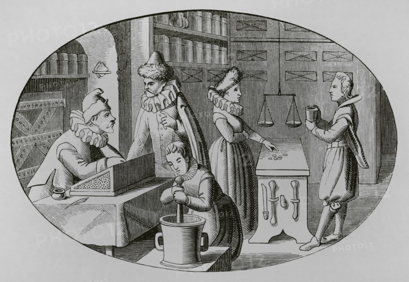 French druggist and grocer, 16th century. Engraving after an illustration by Jean de Vries in the 16th century. ""Moeurs, usages et costumes au moyen-age et a l'epoque de la Renaissance"", by Paul Lacroix. Paris, 1878.