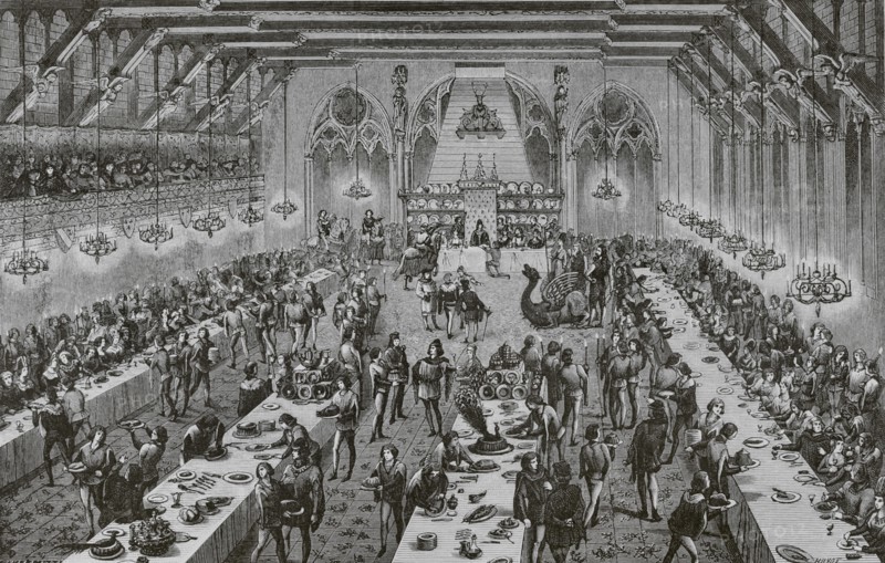 Grand ceremonial banquet at the French Court in the 14th century, with ""entremets"" (dishes that were served after roasts, vegetables and sweets). Engraving by Huyot from ""Dictionnaire raisonne du mobilier franvßais de l'epoque carlovingienne a la Renaissance"" by Viollet-le-Duc (1814-1879). ""Moeurs, usages et costumes au moyen-age et a l'epoque de la Renaissance"", by Paul Lacroix. Paris, 1878.