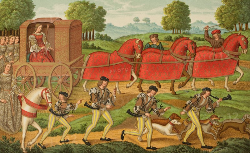 Ladies hunting, 15th century. Chromolithography based on a miniature from Ovid's Heroides (20-15 BC). Customs of the 15th century. ""Moeurs, usages et costumes au moyen-age et a l'epoque de la Renaissance"", por Paul Lacroix. Paris, 1878.