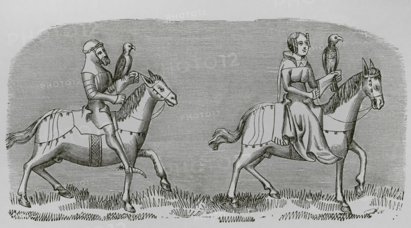 Lady setting out hunting. Engraving after a miniature from the book of the ""Roi Modus"" (King Modus), 14th century. ""Moeurs, usages et costumes au moyen-age et a l'epoque de la Renaissance"", by Paul Lacroix. Paris, 1878.