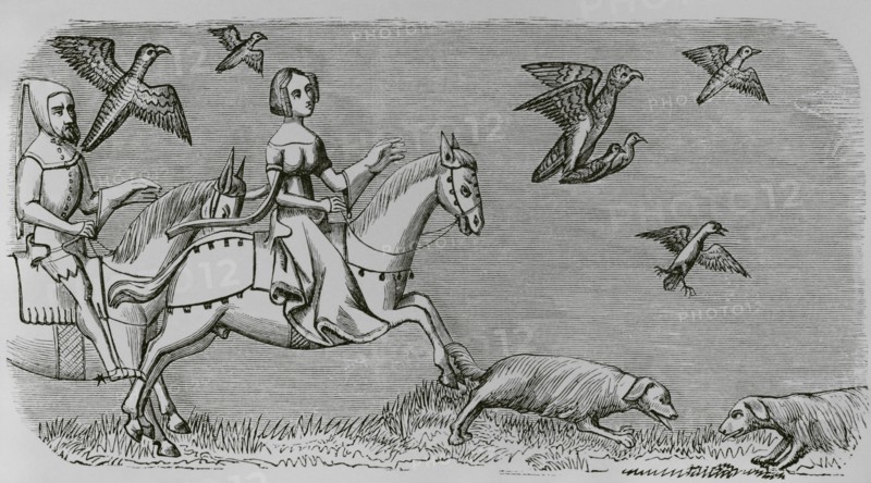How to make your new falcon fly. Engraving after a miniature from the book of the ""Roi Modus"" (King Modus), 14th century. ""Moeurs, usages et costumes au moyen-age et a l'epoque de la Renaissance"", by Paul Lacroix. Paris, 1878.