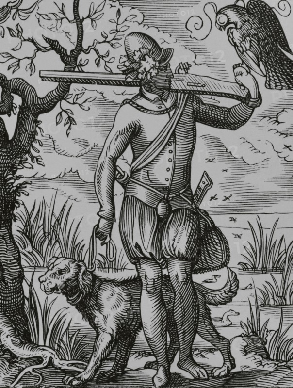 German falconer. Facsimile after a drawing and engraving by Jost Amman in the 16th century. ""Moeurs, usages et costumes au moyen-age et a l'epoque de la Renaissance"", by Paul Lacroix. Paris, 1878.