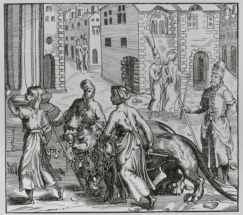 Lion trainers and sellers in Constantinople. Facsimile after a woodcut from ""La cosmographie universelle"" by Andre Thevet (1516-1590), published in Paris in 1575. ""Moeurs, usages et costumes au moyen-age et a l'epoque de la Renaissance"", by Paul Lacroix. Paris, 1878.