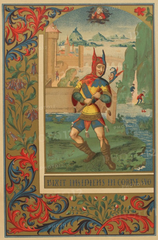 French court-fool in the 15th century. Chromolithography from a facsimile of a miniature. ""Moeurs, usages et costumes au moyen-age et a l'epoque de la Renaissance"", by Paul Lacroix. Paris, 1878.