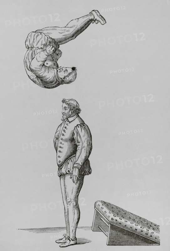 Somersault using a springboard. Facsimile of an engraving from ""Trois dialogues de l'exercice de sauter et voltiger en l'air"" (Excercises in leaping and vaulting), by Arcangelo Tuccaro (1535-1602). Published in Paris, 1599. ""Moeurs, usages et costumes au moyen-age et a l'epoque de la Renaissance"", by Paul Lacroix. Paris, 1878.