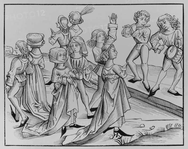 Dancers on Christmas Night punished for their impiety and condemned to dance for a whole year. 15th-century legend. Facsimile of an engraving by Wohlgemuth in ""Liber Chronicarum Mundi"", Nuremberg, 1493. ""Moeurs, usages et costumes au moyen-age et a l'epoque de la Renaissance"", by Paul Lacroix. Paris, 1878.