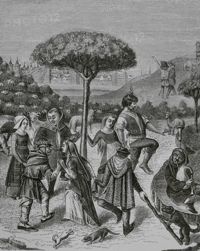 Peasant dances of the May Feasts. Facsimile of an engraving from a miniature in a 15th-century book of hours. ""Moeurs, usages et costumes au moyen-age et a l'epoque de la Renaissance"", by Paul Lacroix. Paris, 1878.