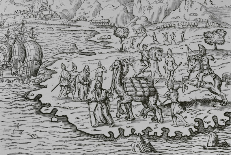 Transport of goods by camel for loading onto ships. Facsimile after a woodcut from ""La cosmographie universelle"" by Andre Thevet (1516-1590), published in Paris in 1575. ""Moeurs, usages et costumes au moyen-age et a l'epoque de la Renaissance"", by Paul Lacroix. Paris, 1878.