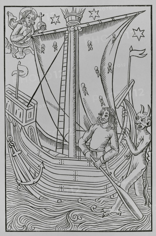 Boat sailing in the midst of the dangers of the sea. A sailor is trapped with his boat at sea during a storm. The devil threatens his life. God, in heaven, seems to protect the sailor's course to reach port. Facsimile after an engraving of ""Le grand calendrier et compost des bergers"" by Nicolas le Rouge, Troyes, ca. 1490. ""Moeurs, usages et costumes au moyen-age et a l'epoque de la Renaissance"", by Paul Lacroix. Paris, 1878.