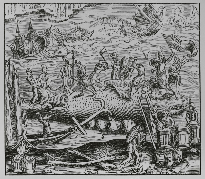 Whale fishing. Facsimile after a woodcut from ""La cosmographie universelle"" by Andre Thevet (1516-1590), published in Paris in 1575. ""Moeurs, usages et costumes au moyen-age et a l'epoque de la Renaissance"", by Paul Lacroix. Paris, 1878.