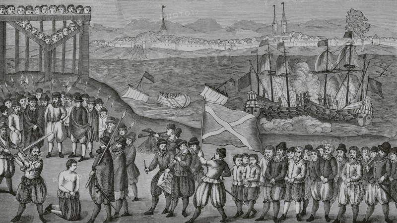 Execution of the pirate Klaus Stortebeker (ca. 1360-1401) and the seventy of his accomplices of the brotherhood of which he was the leader, known as the Victual Brothers, on 20 October 1401 in Hamburg. Engraving based on a popular image from the end of the 16th century. ""Moeurs, usages et costumes au moyen-age et a l'epoque de la Renaissance"", by Paul Lacroix. Paris, 1878.