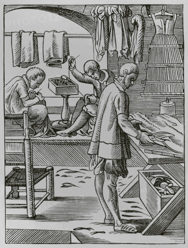 The trades. The tailor. Facsimile after a drawing and engraving by Jost Amman in the 16th century. ""Moeurs, usages et costumes au moyen-age et a l'epoque de la Renaissance"", by Paul Lacroix. Paris, 1878.