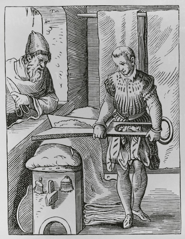 The trades. Clothworker. Facsimile after a drawing and engraving by Jost Amman in the 16th century. ""Moeurs, usages et costumes au moyen-age et a l'epoque de la Renaissance"", by Paul Lacroix. Paris, 1878.