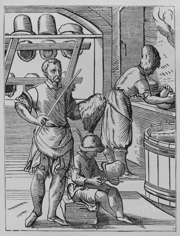 The trades. Hatter. Facsimile after a drawing and engraving by Jost Amman in the 16th century. ""Moeurs, usages et costumes au moyen-age et a l'epoque de la Renaissance"", by Paul Lacroix. Paris, 1878.