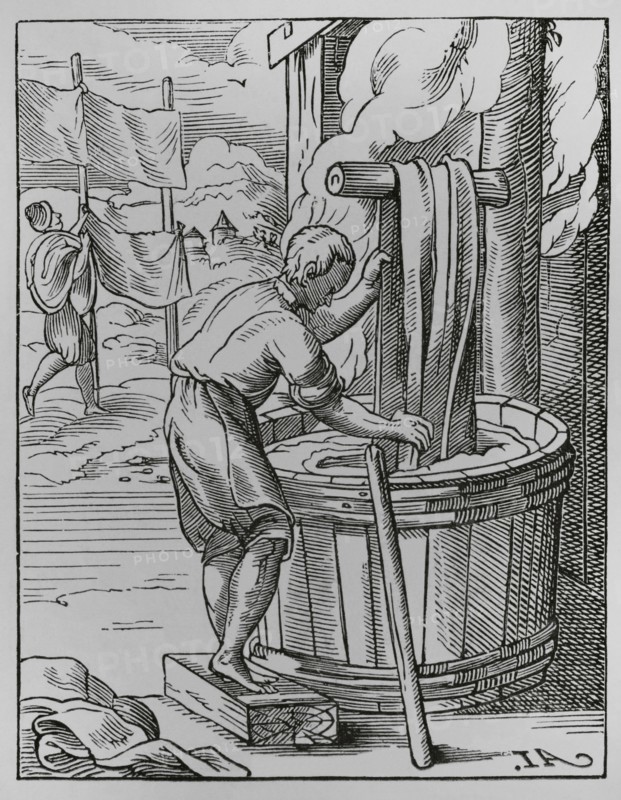 The trades. The dyer. Facsimile after a drawing and engraving by Jost Amman in the 16th century. ""Moeurs, usages et costumes au moyen-age et a l'epoque de la Renaissance"", by Paul Lacroix. Paris, 1878.