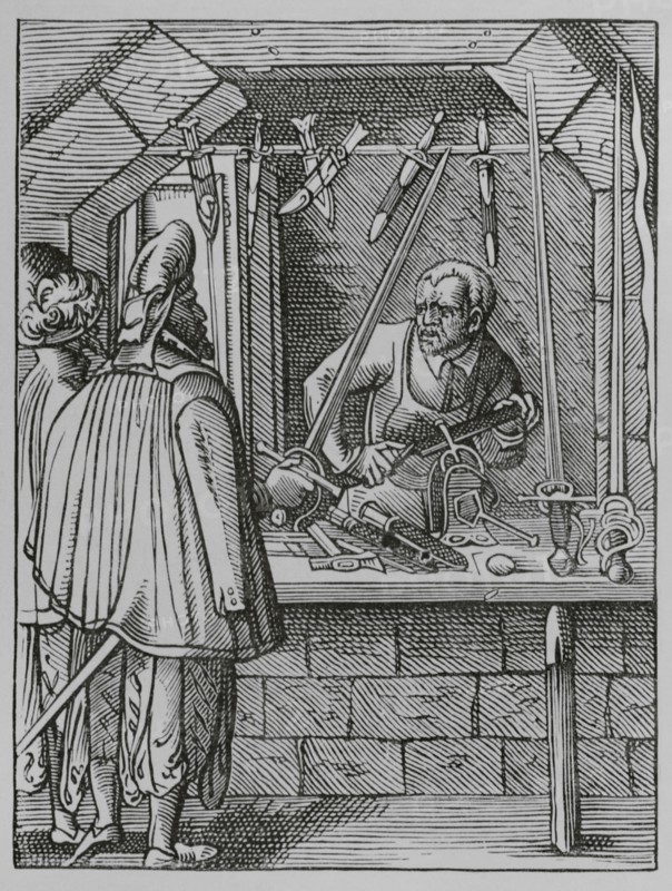 The trades. The swordmaker. Facsimile after a drawing and engraving by Jost Amman in the 16th century. ""Moeurs, usages et costumes au moyen-age et a l'epoque de la Renaissance"", by Paul Lacroix. Paris, 1878.