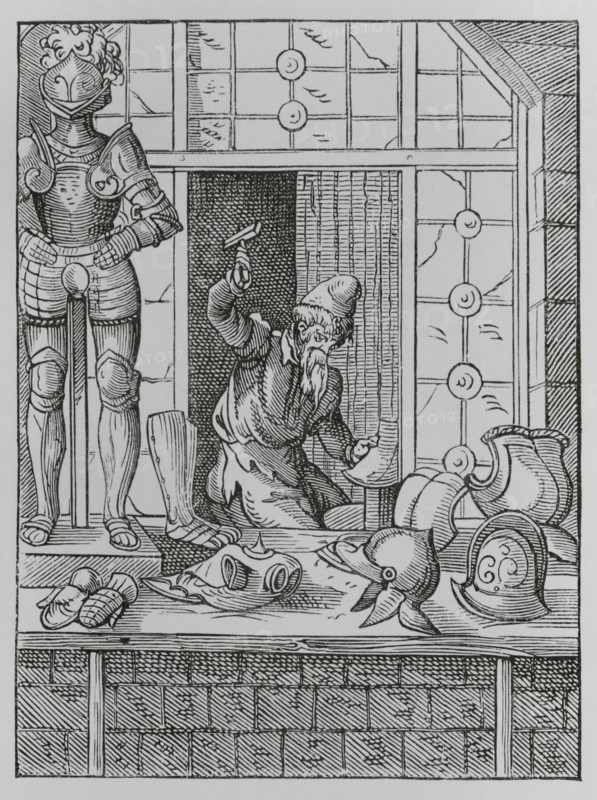The trades. The armourer. Facsimile after a drawing and engraving by Jost Amman in the 16th century. ""Moeurs, usages et costumes au moyen-age et a l'epoque de la Renaissance"", by Paul Lacroix. Paris, 1878.