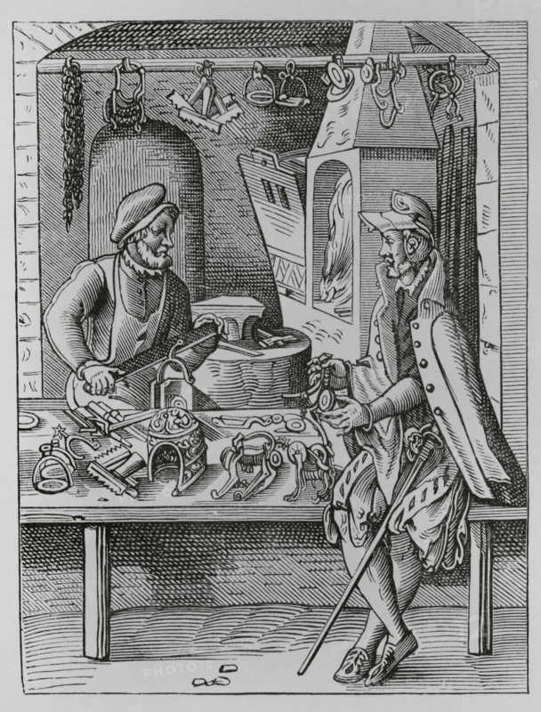 The trades. The spur maker. Facsimile after a drawing and engraving by Jost Amman in the 16th century. ""Moeurs, usages et costumes au moyen-age et a l'epoque de la Renaissance"", by Paul Lacroix. Paris, 1878.