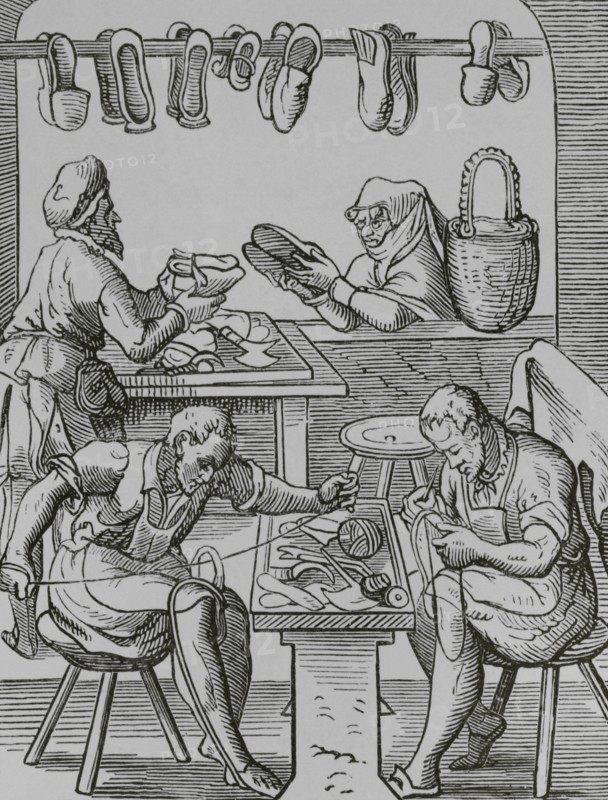 The trades. The shoemaker. Facsimile after a drawing and engraving by Jost Amman in the 16th century. ""Moeurs, usages et costumes au moyen-age et a l'epoque de la Renaissance"", by Paul Lacroix. Paris, 1878.