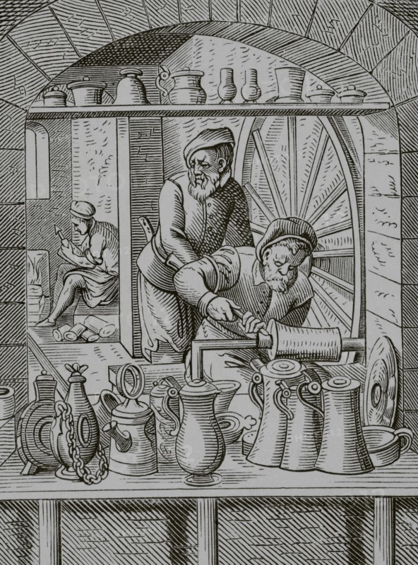 Tin craftsman. Reproduction of a 16th-century engraving by Jost Amman. ""Moeurs, usages et costumes au moyen-age et a l'epoque de la Renaissance"", by Paul Lacroix. Paris, 1878.