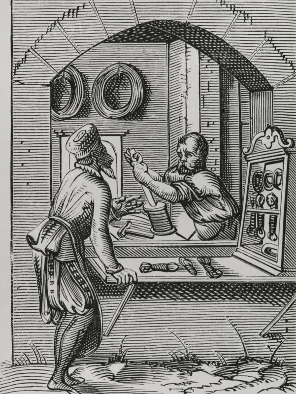 Wire worker. Reproduction of a 16th-century engraving by Jost Amman. ""Moeurs, usages et costumes au moyen-age et a l'epoque de la Renaissance"", by Paul Lacroix. Paris, 1878.