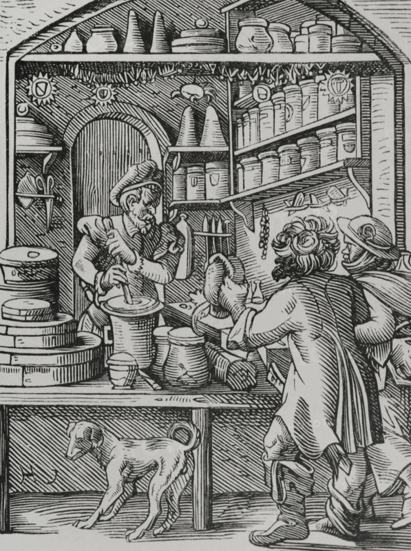 The Apothecary. Reproduction of a 16th-century engraving by Jost Amman. ""Moeurs, usages et costumes au moyen-age et a l'epoque de la Renaissance"", by Paul Lacroix. Paris, 1878.